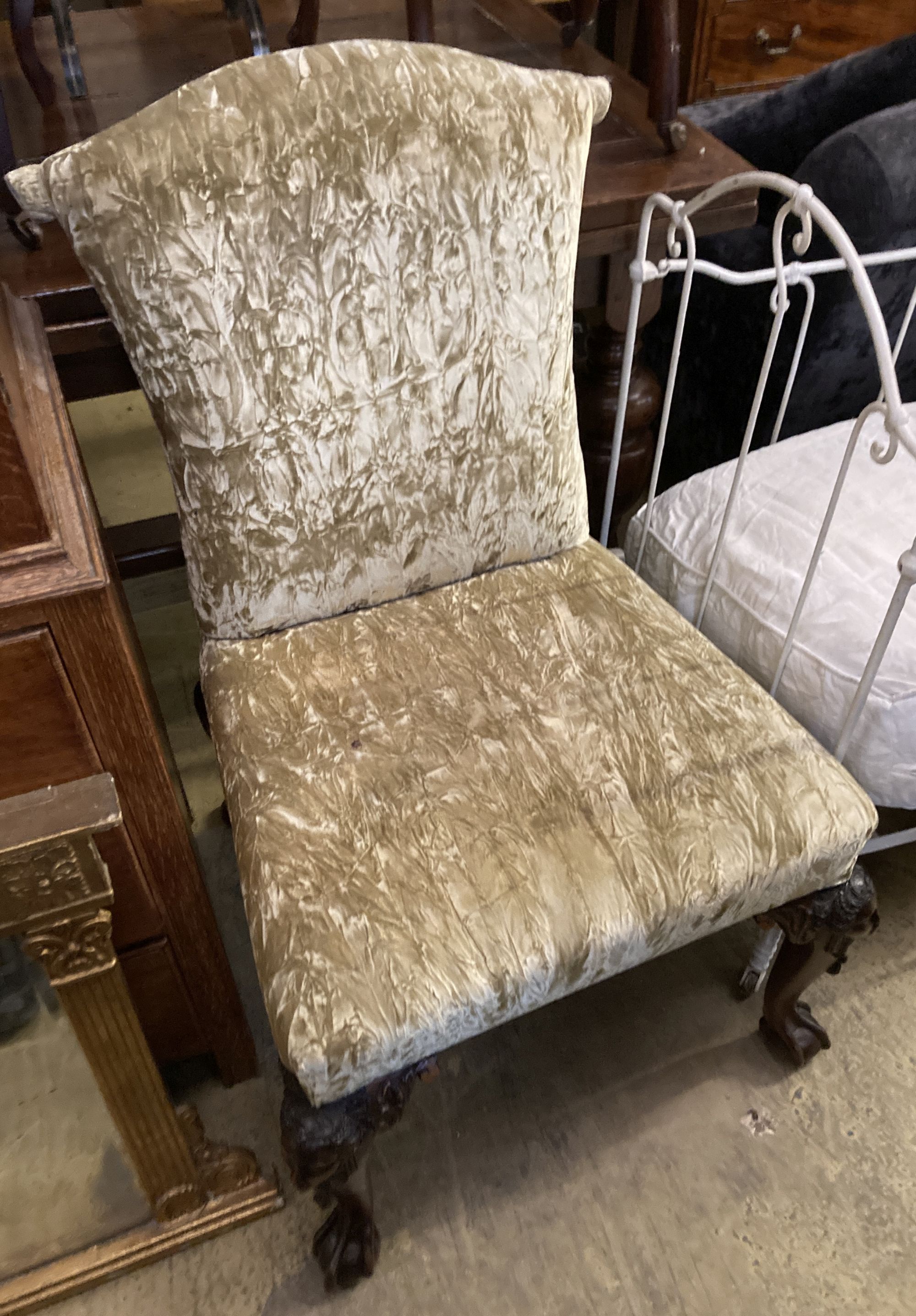 A pair of George III style mahogany framed side chairs with upholstered seats and backs, width 60cm, depth 60cm, height 100cm